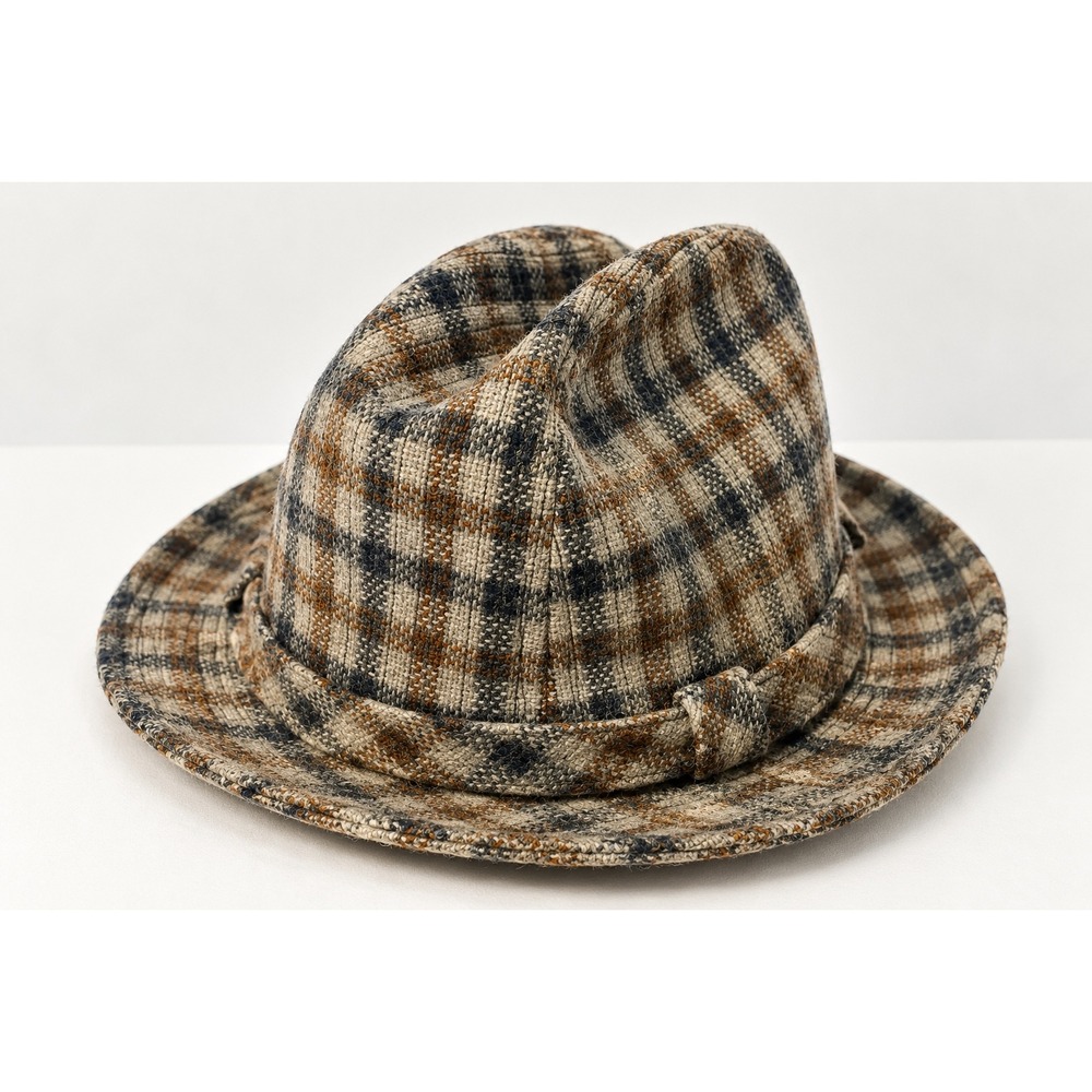 Stetson VTG Mens Plaid Fedora Hat Brown Tan Blue Wool Blend Trilby Size 7 3/8
